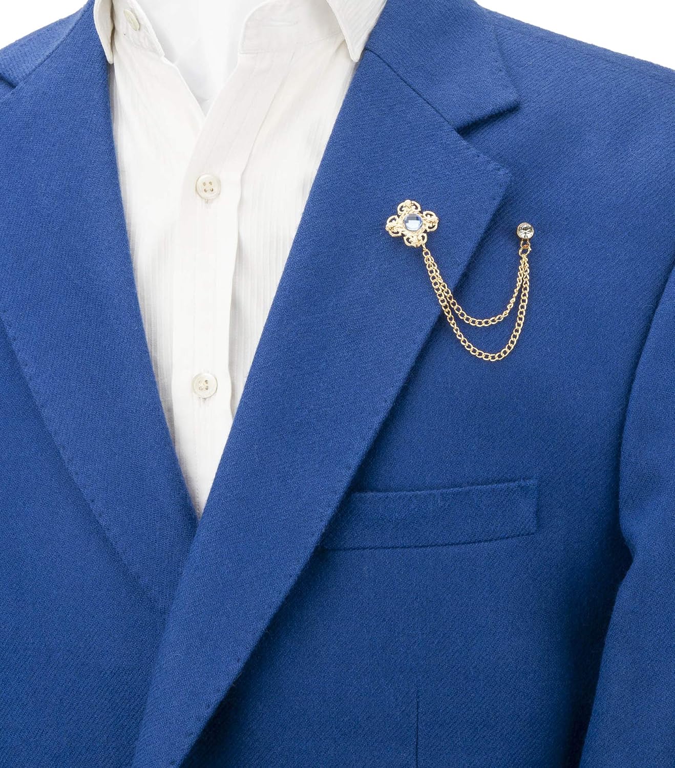 Brooch Lapel Pin for Men Blue Shimmer Stone with Gold Engraving Chain and Stone Lapel Pin Badge Coat Suit Wedding Gift Party Shirt Collar Accessories - Image 3