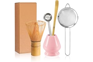 YIBO Matcha Whisk Set Matcha Making Kit Bamboo Chasen Ceramic Whisk Holder Stand Sifter Scoop Japanese Tea Tools (Solid Pink)
