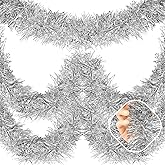 25 Feet Silver Christmas Tinsel Garland, Metallic Foil Twist Garland Wall Hanging Tinsel Banner Backdrop for Parade Floats, Easter, Mother's Day, Birthday Party Decorations (4in x 25ft)