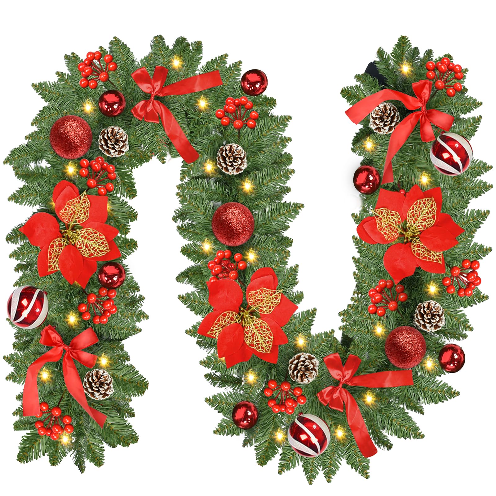 Photo 1 of Christmas Garland with Lights, 9FT 30 LED Prelit Christmas Garland with Pinecones, Flowers, Bows, Outdoor Indoor Christmas Decorations Garland Battery Operated with Timer for Stairs,Mantel,Door,Window