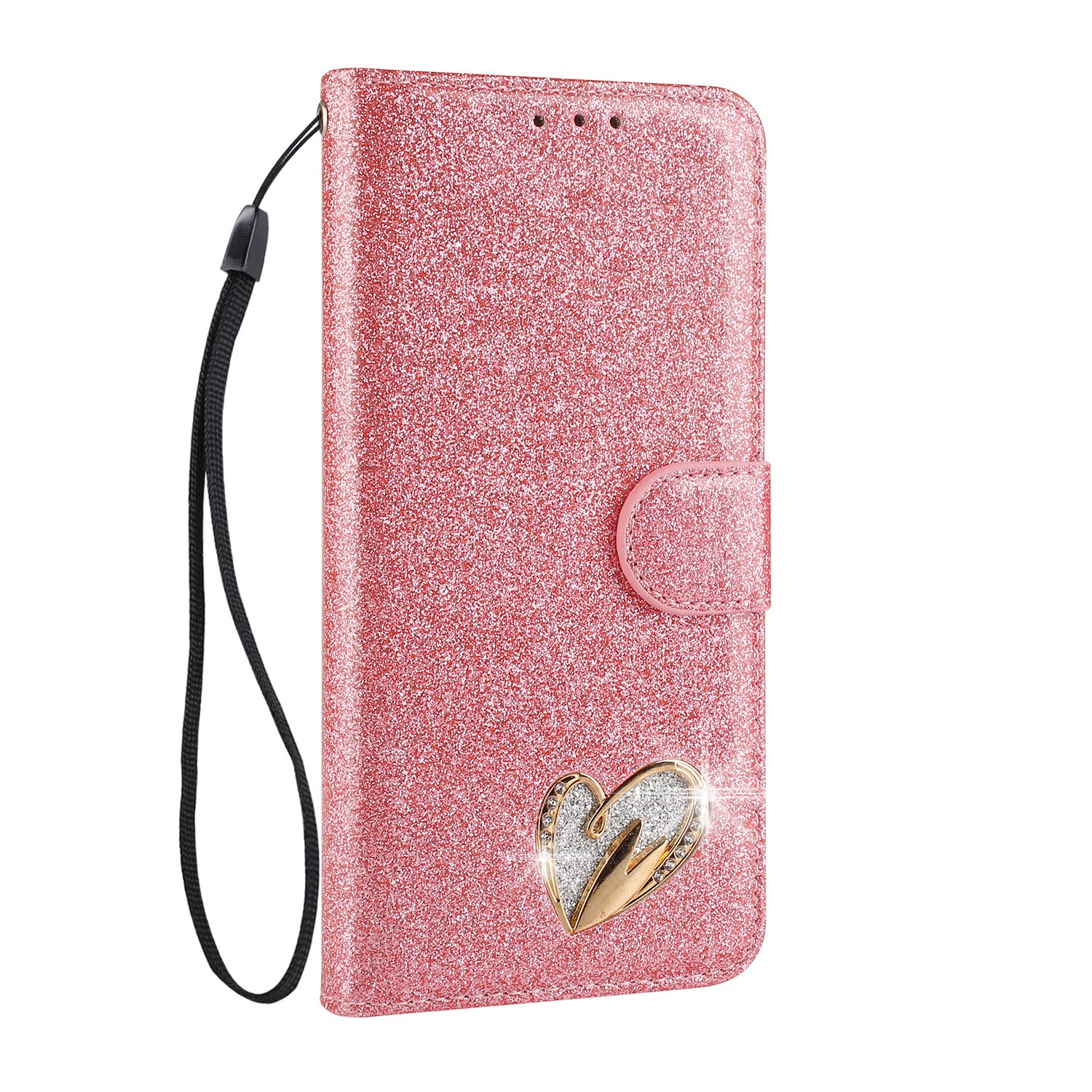 Mo-Somnus For Galaxy S8 Case [Free Tempered Glass Screen Protector], Bling Glitter Sparkly [Loving Heart Diamond] Design Wallet Case [Stand Function] Case Cover For Samsung Galaxy S8 (Pink)