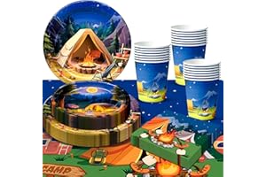Camping Party Tableware, 20 Guests Adventure Birthday Party Plates, Camper Party Plates Napkins Cups Campfire Tablecloth etc 