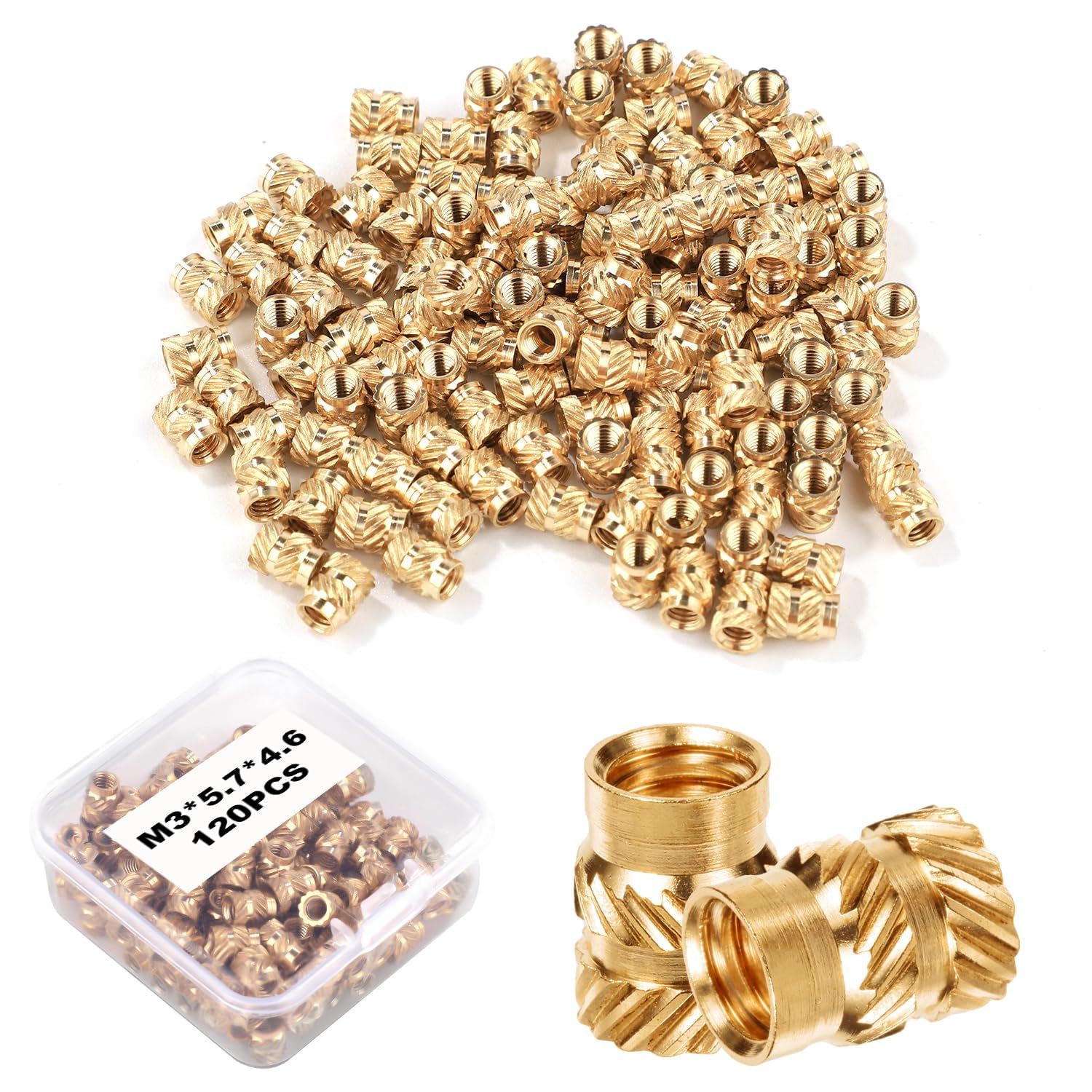 120pcs 3D Printing Brass Nuts,M3x5.7x4.6mm Threaded Heat Set Inserts Knurled Brass Nuts Heat Embedment Nut for 3D Printing Parts Loptop Automotive Plastic Shell