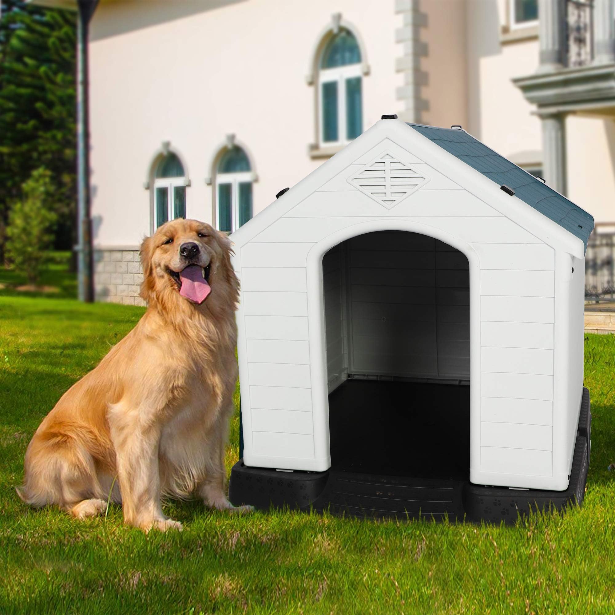 LONABRPlastic Outdoor Dog House for Pet Weatherproof Kennel Small to Large Size,Blue & White (L-35.5" L x 37.5" W x 39”H)