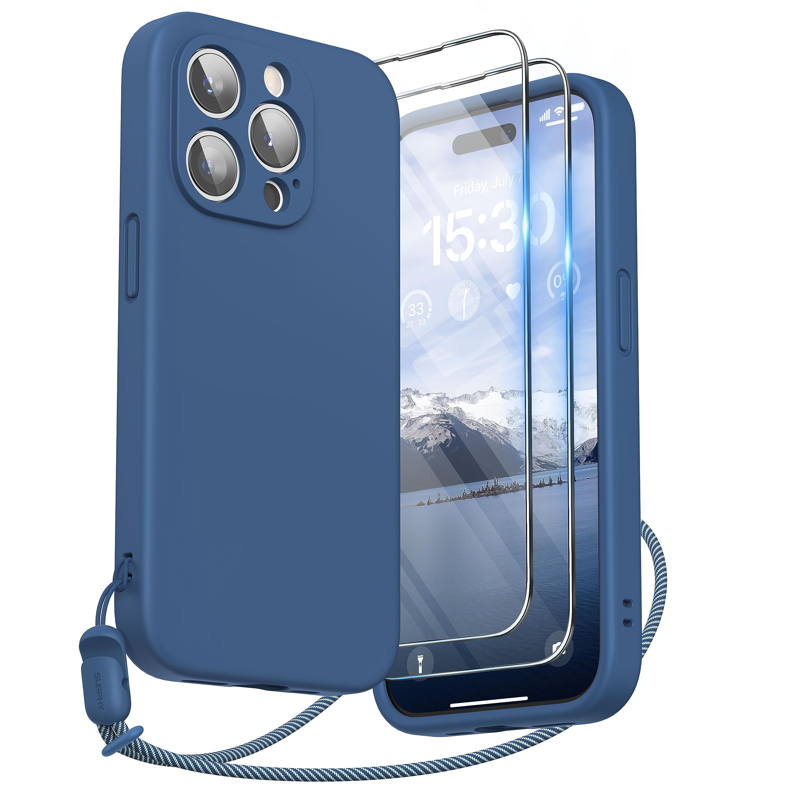 SURPHY Design for iPhone 15 Pro Case, Liquid Silicone Protection for Each Lens [2 x Screen Protectors & 1 x Lanyard] Shockproof Cover for iPhone 15 Pro 6.1 inch 2023, Blue Jay — image 1