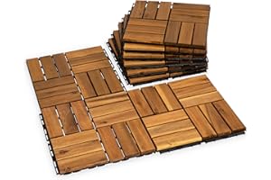 VICTORY RELAX Interlocking Acacia Wood Deck Tiles, 9-Pack, 12 Slats, Waterproof Outdoor Flooring for Patio, Balcony, Garden – Natural Finish, 12.2" x 12.2" x 0.7"