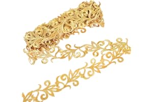 XTHROTSENK 4.37 Yards Gold Lace Trim for Sewing Appliques Embellishments Embroidery Fabric Polyester Ribbons Metallic Border Iron On Floral Lace Patches Wide Adhesive Goldenrod for Costumes Gowns Hat Decoration