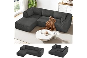 Vesgantti 106" Boneless Couch with Chaise, Deep Seat Comfy Cloud Modular Sofa Corduroy Memory Foam Sectional Couches for Living Room Bedroom, No Assembly Required (Grey, Left-Facing Chaise)