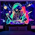 OSVINO Blacklight Alien Tapestry 90"x70" UV Reactive Alien DJing Wall Hanging Art Bedroom Decor Moon and Sun Planets Posters Wall Hanging Hippie Decor