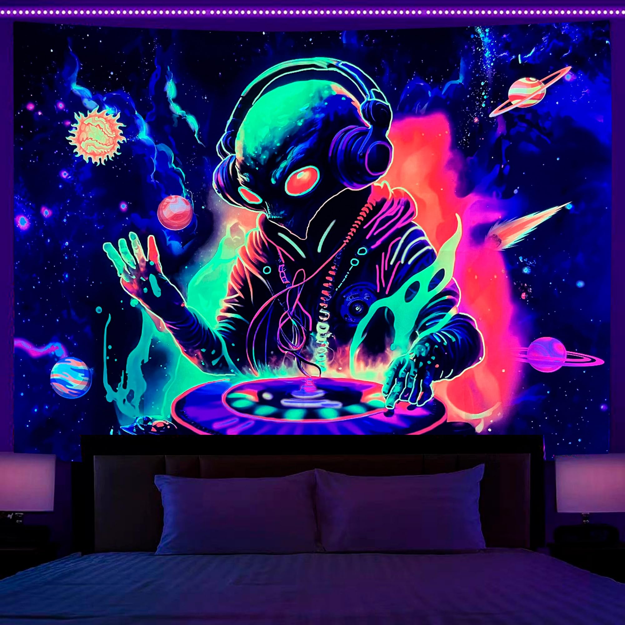 OSVINO Blacklight Alien Tapestry 200x150CM UV Reactive Alien DJing Wall Tapestry UFO Psychedelic Planet Posters Wall Hanging for Bedroom Living Room Dorm