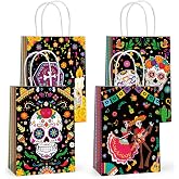12Pcs Day of The Dead Gift Bags Sugar Skull Kraft Paper Bags with Handles | Dia De Los Muertos Goodie Candy Bag for Kids Adults Mexican Fiesta Taco Halloween Wedding Baby Shower Supplies