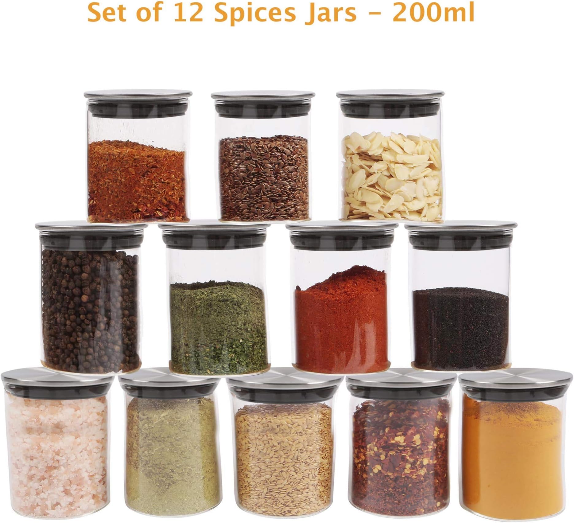Small Glass Food Jar with Stainless Steel Lid and Silicone Ring for Airtight Sealing, Little Clear Canister Container for Kitchen Storage, for Grains, Seeds, Salt, Pepper, Spices - Set of 12 (200ml)