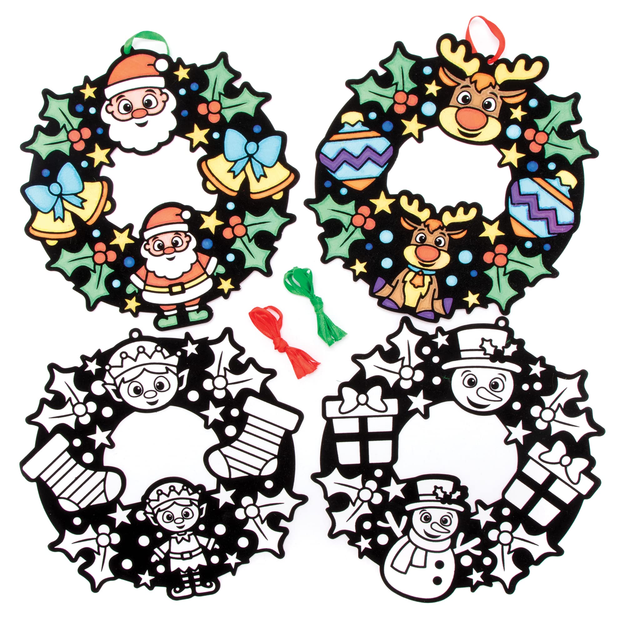 Baker Ross FE940 Christmas Colour In Wreaths - Pack of 8, Make Your Own Wreaths, Creative Activities for Kids, Ideal Christmas Arts and Crafts Project, Black,Green