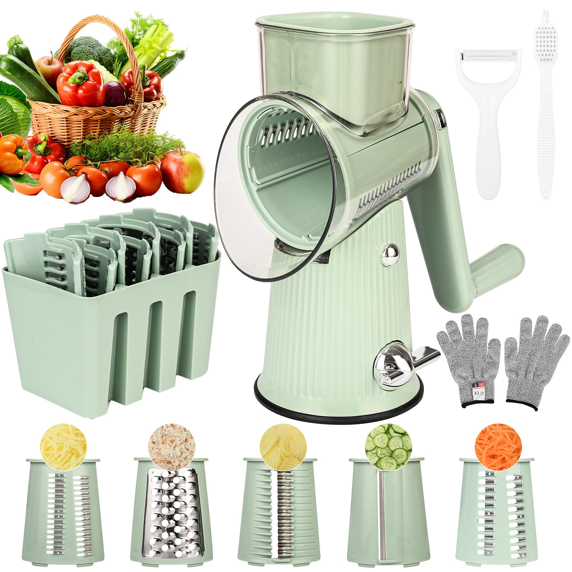 Photo 1 of Cheese Grater With Hand Crank Countertop For Kitchen?Grater Shredder With Handle For Kitchen Rotating?Vegetable Slicer?Nuts Grinder Cheese Shredder with Clean Brush(5 Blades Matcha Color)