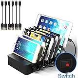 JZBRAIN 6 Port USB Charging Station for Multiple Devices With Cables Aluminium Base With Individual Power Switch for Iphone Ipad Samsung and Other Android Devices or Tablets (Black)