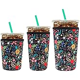 YR Reusable Neoprene Insulator Sleeve for Iced Coffee Cups, 3 Pack Coffee Coolies sleeves for Iced & Hot Drinks, Cold Beverage Cooler Compatible with Starbucks Coffee and More (Little Flower)