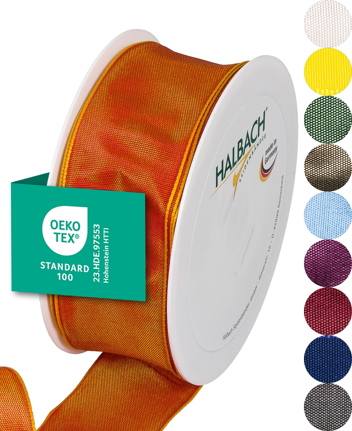 Halbach Seidenbänder Premium Gift Ribbon With Wired Edge - 40 mm Width, 25 m Length - Oeko-Tex 100 Certified Taffeta, Made in Germany - Dark Orange