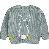 Karwuiio Toddler Baby Boy Girl Easter Outfit Bunny Embroidery Long Sleeve Sweater Kint Sweatshirt Pullover