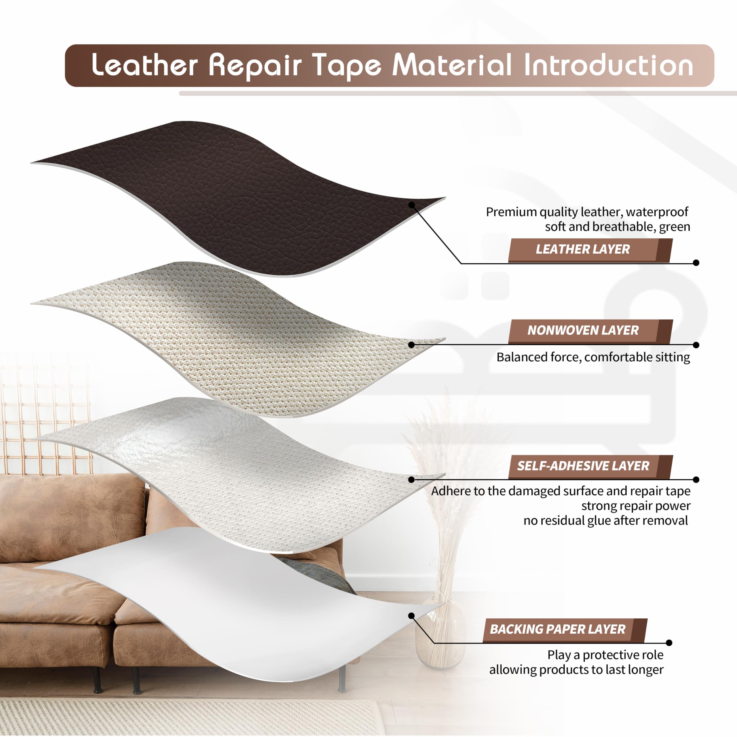 KING MOUNTAIN Leather Repair Patch,16 x 60 Inches self Adhesive Leather Repair Tape for Damaged Leather Furniture, Sofa Seating,Car Seats, Leather Goods(Dark Brown)