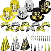 40PCS New Years Eve Party Supplies for 20 Guests, New Years Party Hats Headbands Blowouts Gold Black New Years Accessories, Tiaras Top Hat Friged NYE Noise Makers Cone Hat Horns for New Years Party