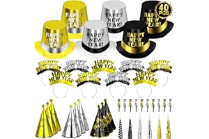 TRAPLACE 40PCS New Years Party Supplies 20 Guests, New Years Party Favors Gold Black, New Years Accessories Cardboard Plastic, Tiaras Top Hat Fringed NYE Noise Makers Star Cone Hat Horns for New Years Party