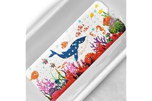 Linoows Baby Bath Tub Mat, 40 x 16 Inch Extra Large Non Slip Kids Cartoon Bathtub Shower Mats with Suction Cups & Drain Holes, Machine Washable for Bathroom, Undersea Blue Whale