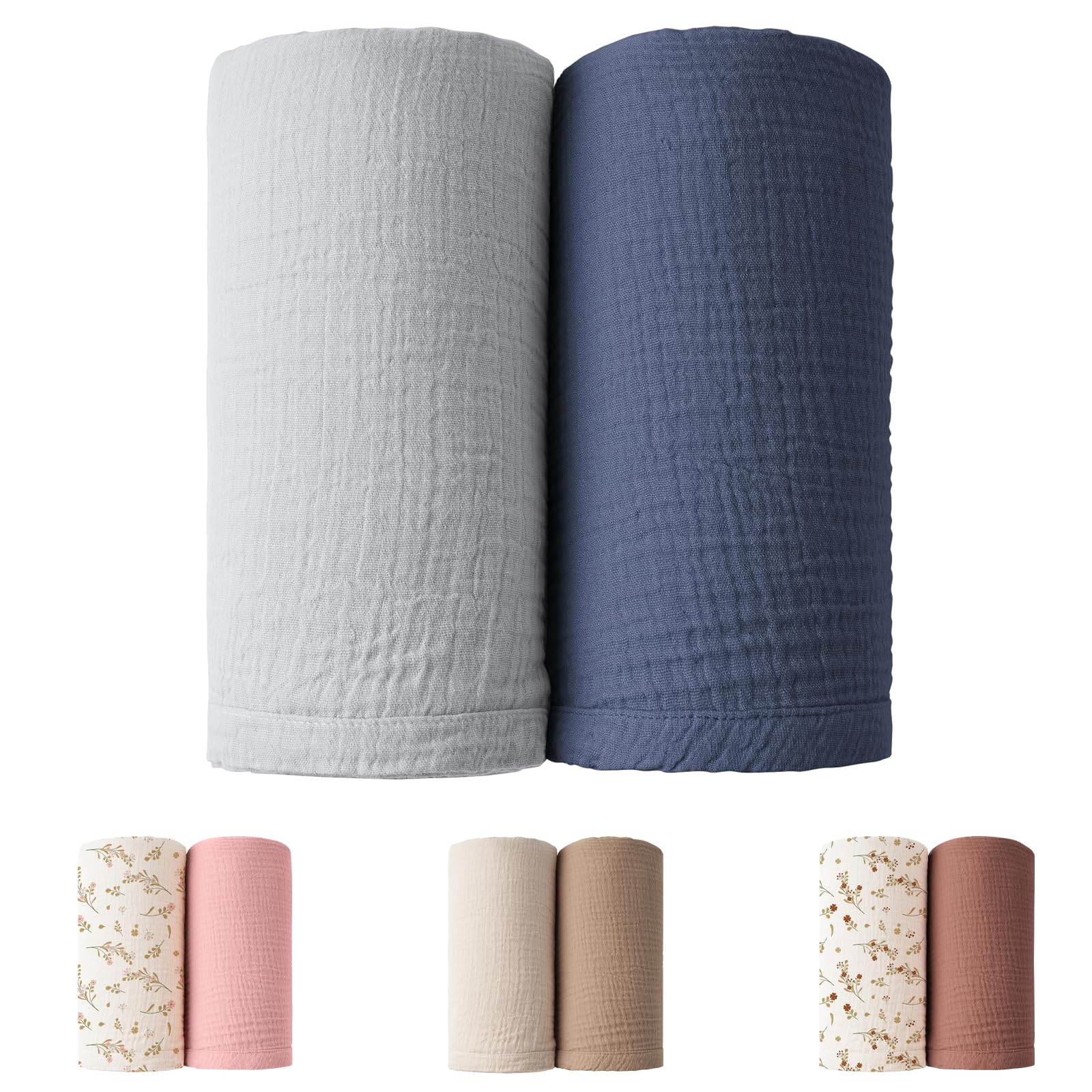 Winmany 2Pack Baby Muslin Swaddle Blankets Newborn Boy Girl Nursery Receiving Blanket Swaddling Wrap Baby Essentials for All Year 100x100cm/40x40in (Blue+Grey)