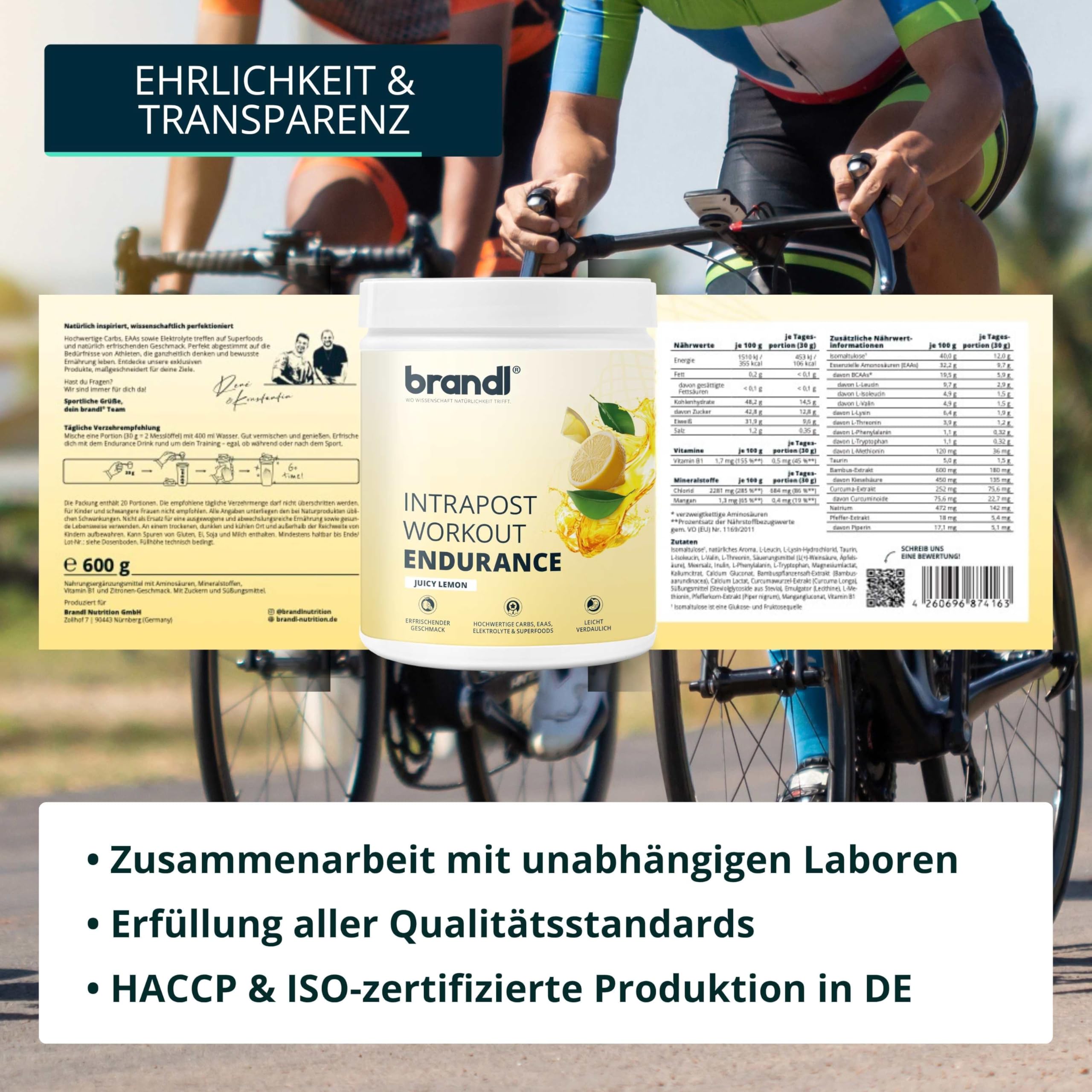 Sport all-in-One Ausdauer-Drink Endurance - hochwertige Elektrolyte, Kohlenhydrate, EAAs & Superfoods - Isotonisches Getränkepulver lemon by brandl® - Electrolytes, Eiweiß - 600g Intrapost Workout 6