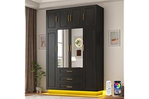 Hlivelood Large Armoire Wardrobe Closet Cabinet with Drawers and LED Lights, Multi-Tier Shelves, Hanging Rod, Large Capacity Storage 4 Door Wardrobe Armoire with Top Cabinet for Bedroom, Black