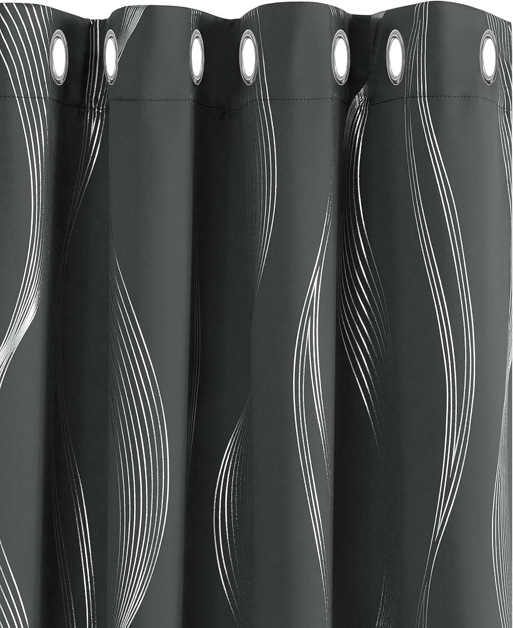 Deconovo Thermal Curtains Silver Wave Foil Printed Blackout 2 Panels 52x54 Inch