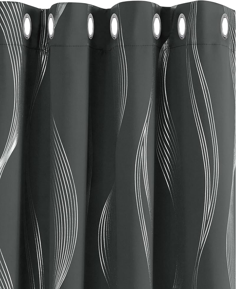 Deconovo Thermal Curtains Silver Wave Foil Printed Blackout 2 Panels 52x54 Inch