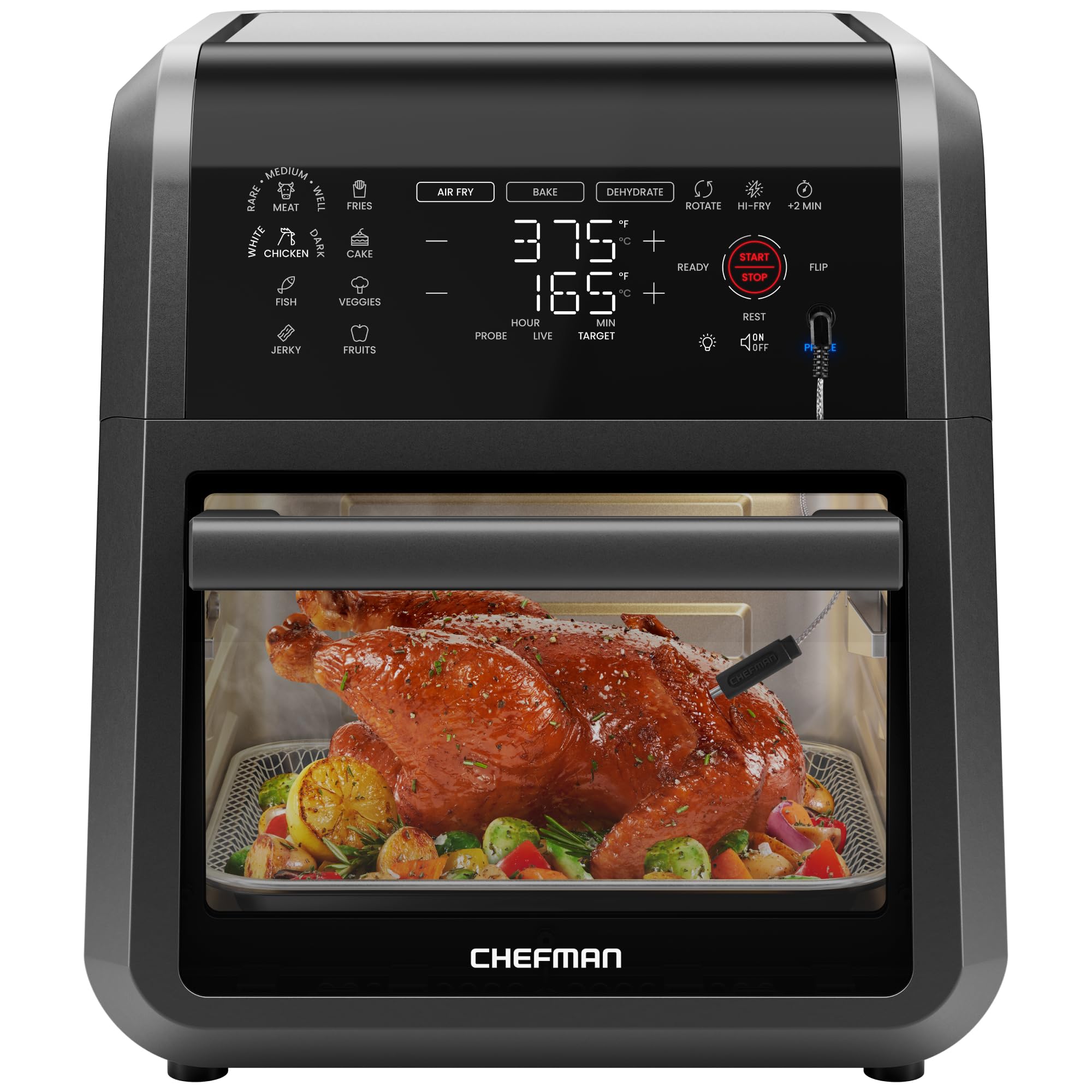 Photo 1 of CHEFMAN ExacTemp™ 12 Quart 5-in-1 Air Fryer with Integrated Smart Cooking Thermometer, 28 Touchscreen Presets, Rotisserie, Dehydrator, Bake, XL Convection Oven with Auto Shutoff, Black