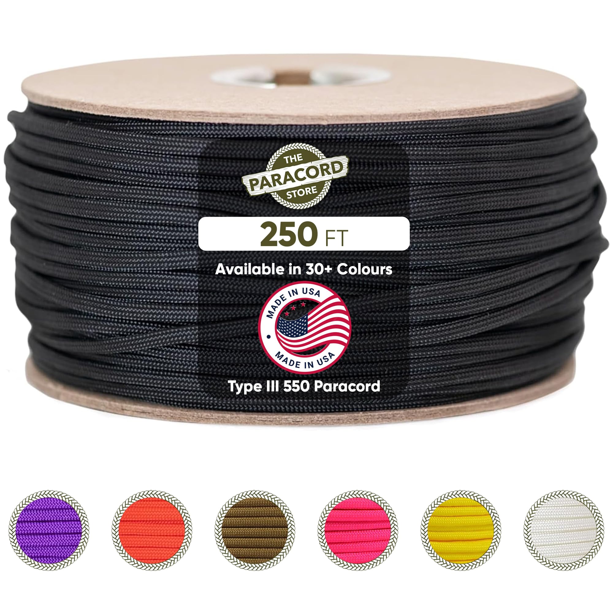 Photo 1 of The Paracord Store | Type III 550 Paracord - 250 FT Spool, Blank | Heavy Duty 7 Strand Tactical Paracord - USA Made Nylon Outdoor Parachute Cord for Camping, Fishing & More - Survival Cord