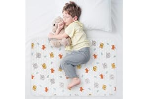 WOVENX Organic Incontinence Pads for Kids & Toddlers - 5 Layer Waterproof Protectors for Overnight Bed Wetting - Reusable & Washable Pee Pads - Fits Twin to Full Size Beds - 34" x 52" Tiger Bear Fox