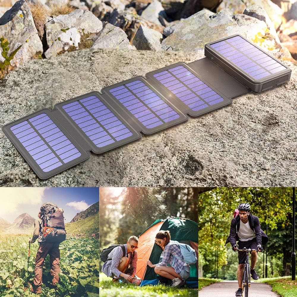 BLAVOR Solar Charger Five Panels Detachable, Qi Wireless Charger 20000mAh Portable Power Bank with Dual Output Type C Input Flashlight and Compass Kit (Black, 20000mah)