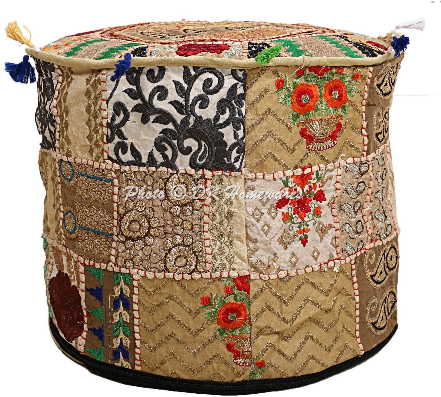 DK Homewares Ethnic Vintage Embroidered Hassock Beige Tall Pouffe Foot