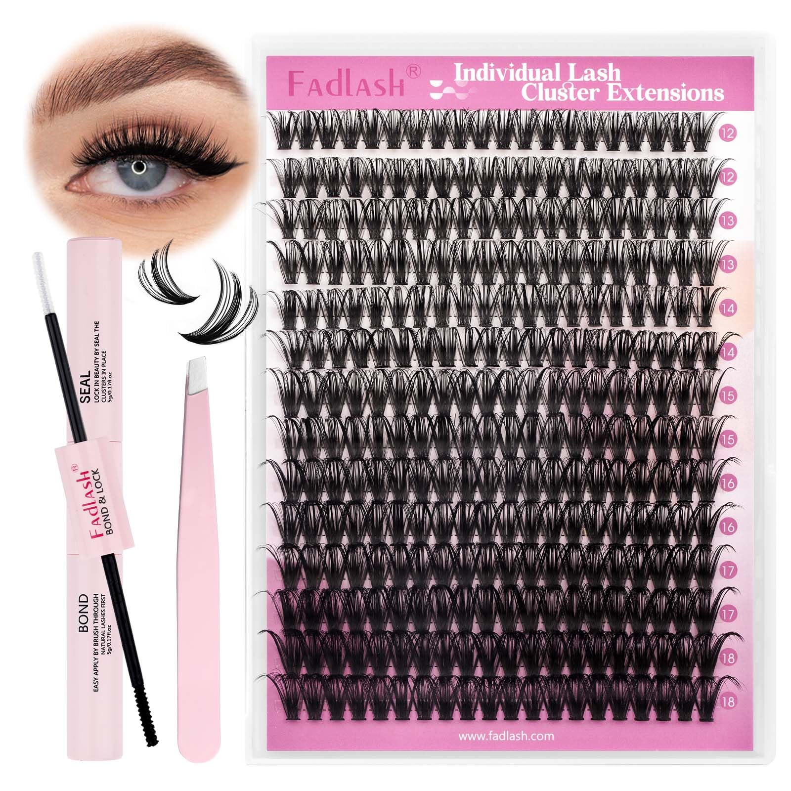 FADLASH 50D 0.07mm D Curl 12-18mm with Bond and Seal and Tweezers Fluffy Cluster Lashes DIY Eyelash Extensions — image 1