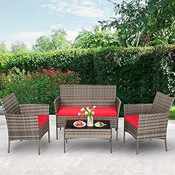 FDW | 4-Piece Patio Furniture Set | Gray & Red