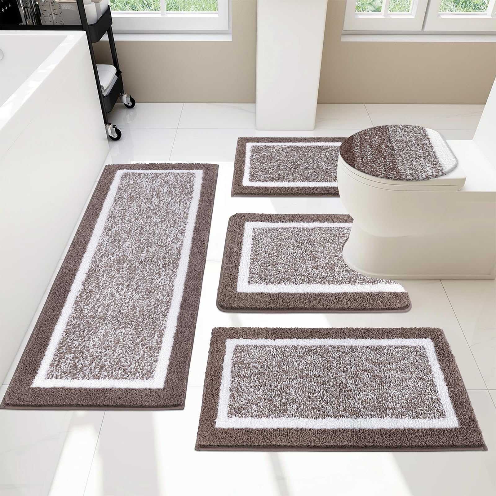 Photo 1 of ***ONLY 1 RUG*** Pauwer Bathroom Rugs Set 5 Piece, Plush Absorbent Microfiber Bath Mats for Bathroom, Non Slip Washable Bath Rug Set with U Shaped Contour Toilet Rugs, Shower Rug and Toilet Lid Cover, Coffee