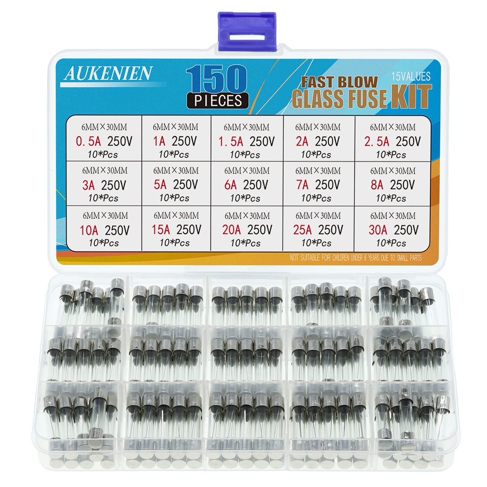 AUKENIEN 15 Values 150 Pcs 0.5A 1A 1.5A 2A 2.5A 3A 5A 6A 7A 8A 10A 15A 20A 25A 30A 250V Fuses Assorted 6X30MM 0.5 1 1.5 2 2.5 3 5 6 7 8 10 15 20 25 30 Amp 6X30 Fast Blow Glass Fuse Assortment Kit