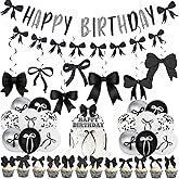 Black Bow Birthday Decorations, Happy Birthday Banner Garland and Hanging Swirls, 16 Pcs Balloons, Cake Toppers, Bow Themed Party Decorations for Girls Women