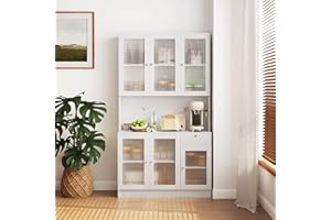 AVZEAR Kitchen Pantry Cabinet, Glass Door Cupboard 69.7" Freestanding Multifunctional Kitchen Pantry Cabinet Storage Cabinet Cupboard with 6 Doors,4 Shelves and 1 Drawer, White
