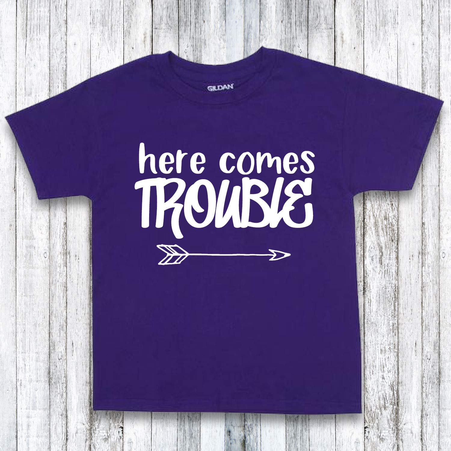 Amazon Com Here Comes Trouble Funny Kids Shirt 9 Shirt Colors To Choose From Handmade