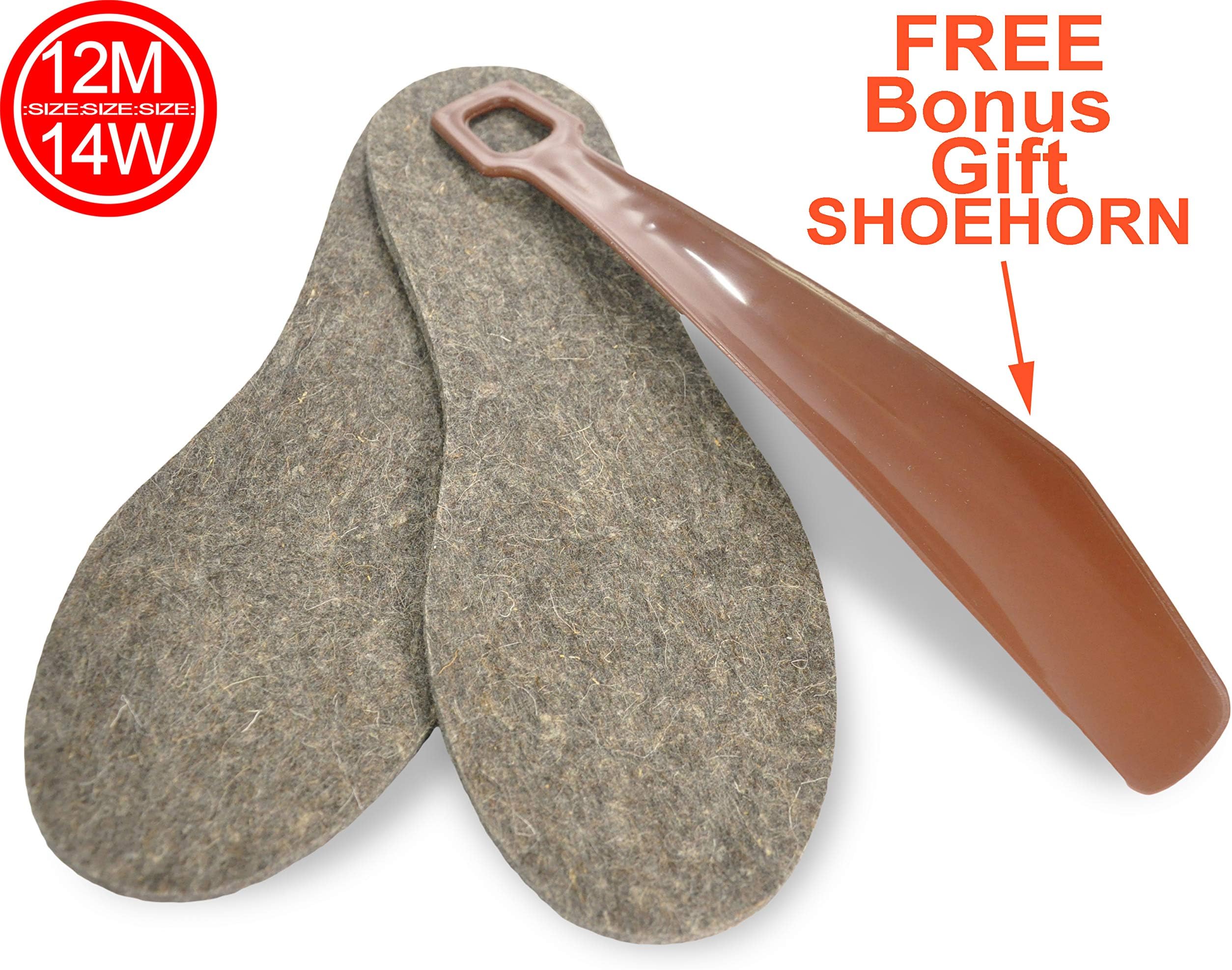 Natural Wool Felt Insoles Adjustable & Removable Size 12M & 14W for Men & Women Unisex Insoles Extra Warmth and Cushion in Winter one Pair 6 mm Thick Inserts Comes with Brown Shoehorn 804285