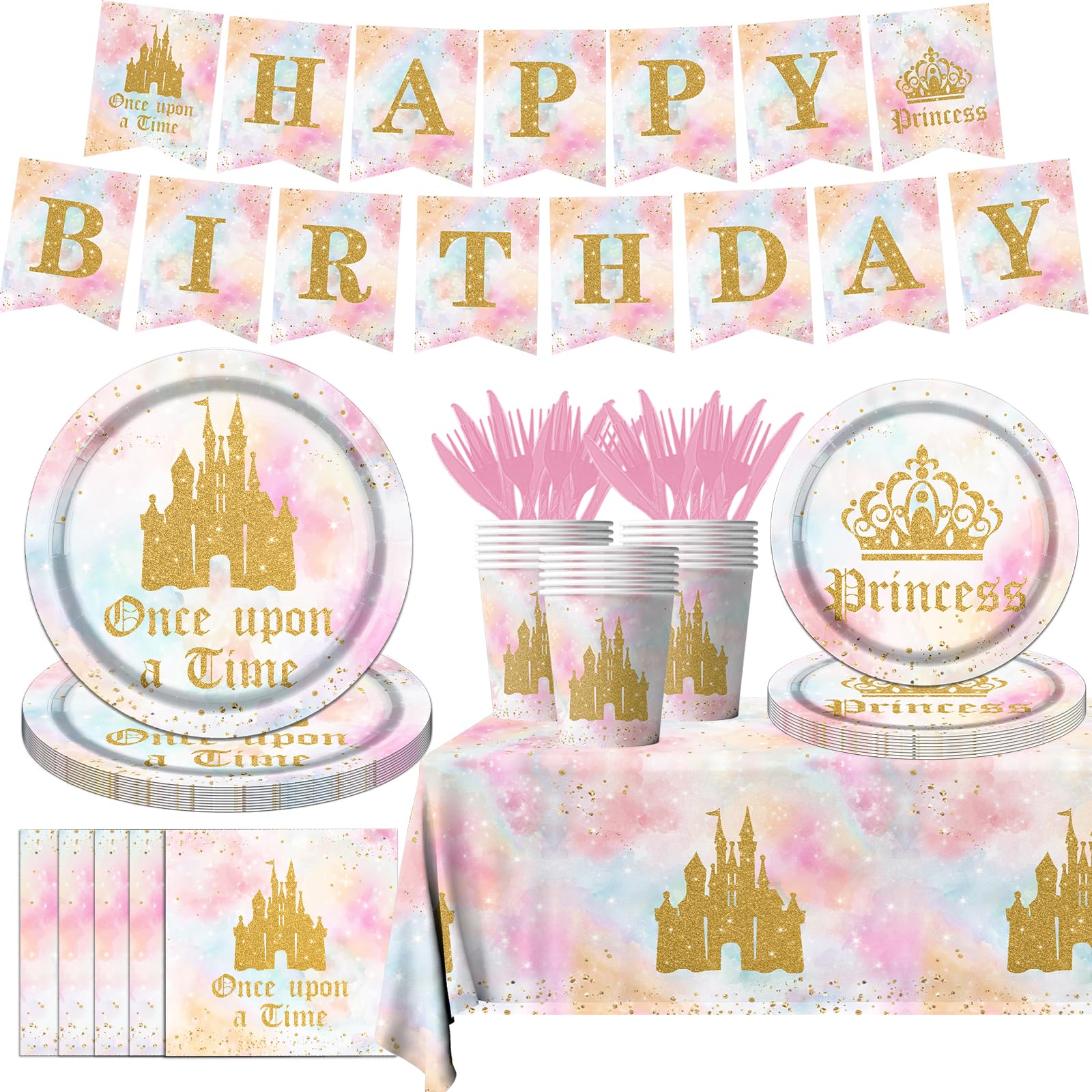 Photo 1 of 142Pcs Princess Birthday Party Decorations Once Upon A Time Birthday Decorations with Plates Napkins Cups Tablecloth and Banner Gold and Pink Princess Party Decor Pastel Tie Dye Party Supplies
