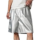 OYOANGLE Men's PU Leather Flap Pocket Cargo Shorts Loose Fit Elastic Waist Wide Leg Shorts Streetwear Silver XX-Large