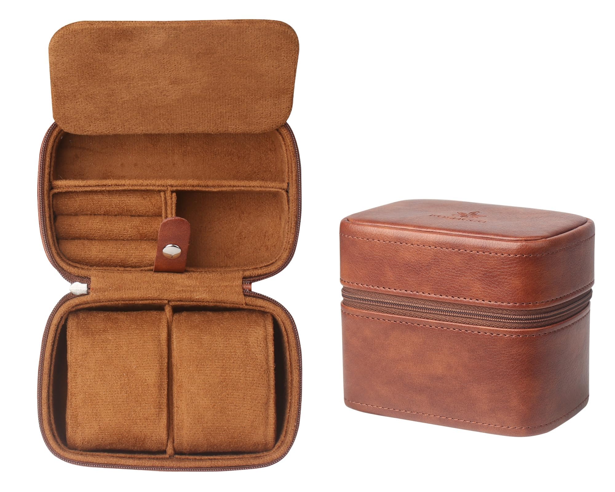 Watch Travel Case - 2 Slot Watch Case with Soft Lining and Accessories Compartment, Gift for Watch Lovers (Chestnut & Camel)