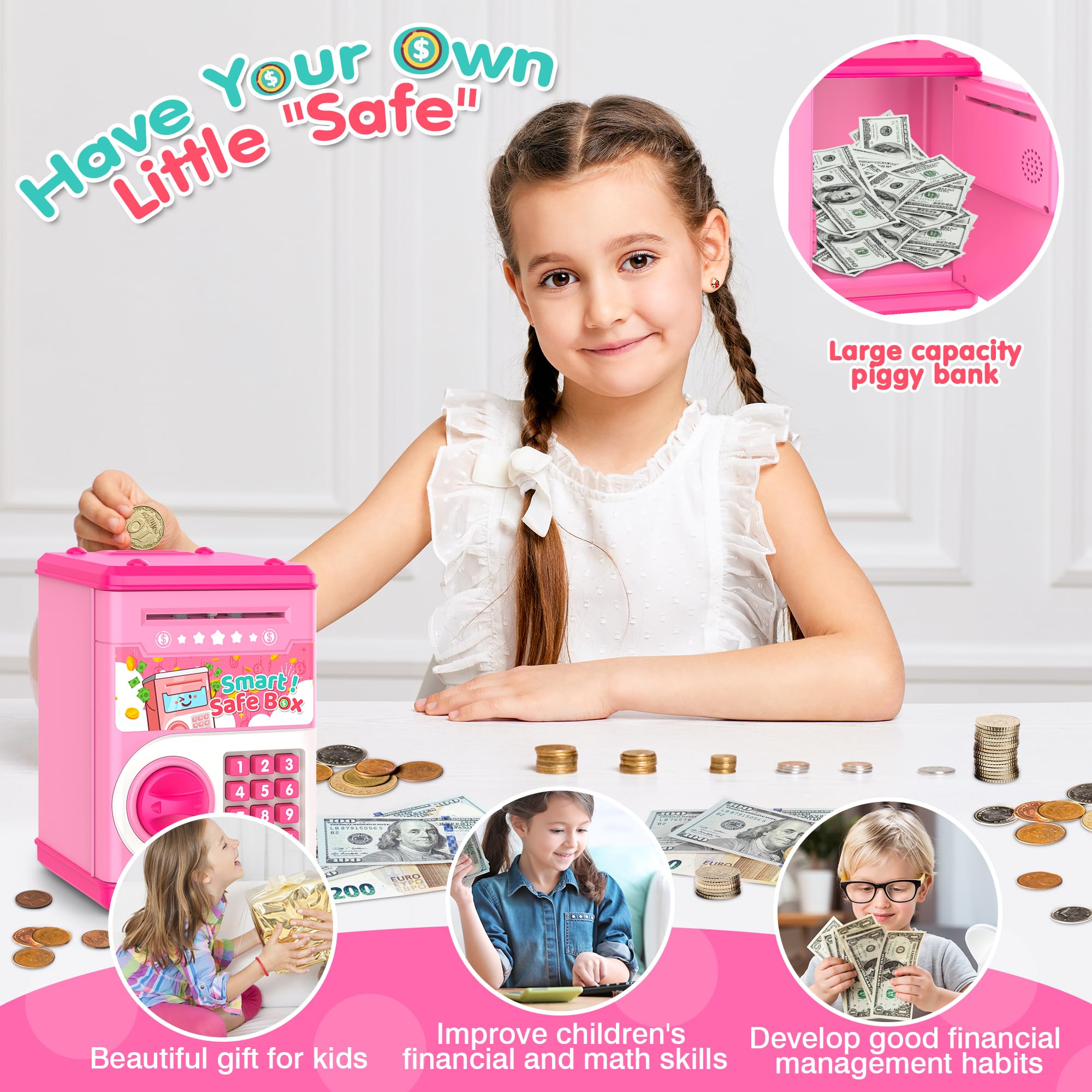Pink Piggy Bank for Kids with Password Code Lock and Auto Grab Bill Slot, PhilaeEC Real Money Cash Coin Can Saving Box Electronic Money Safe Bank, Hot Gift for 4 7 8 9 10 11 Year Old Boys Girls