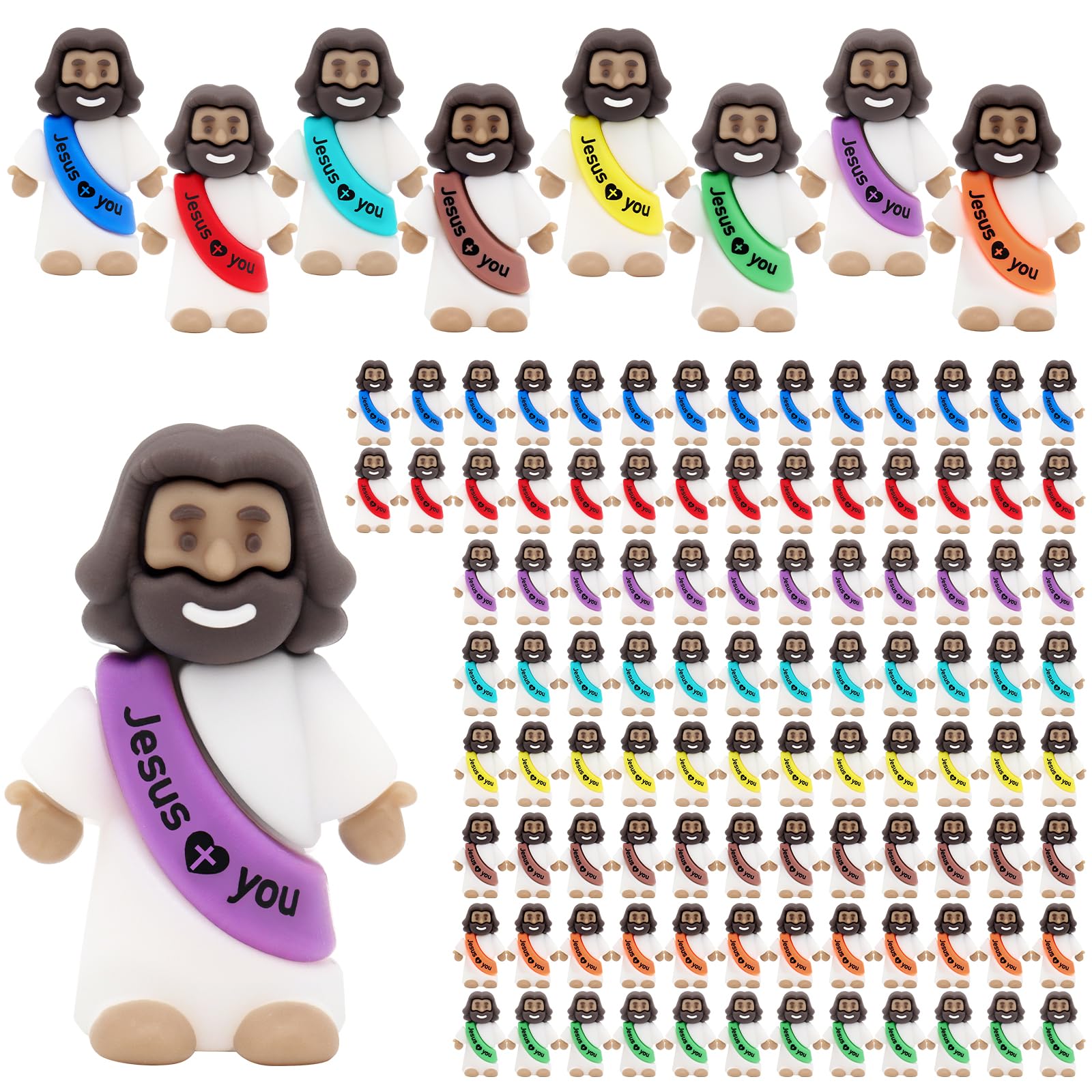 YuDanae Brown Mini Jesus Figures Rubber Jesus Figurines Toys in Bulk Religious Party Favors Sunday School Craft Baptism Gifts for Easter Egg Stuffers (Multicolor, 100pcs)