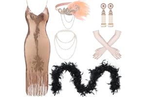 Tisancy 7 Pcs 1920s Women's Flapper Dress Sequin Dress Costume Headwear Earring Necklace Glove Stick Set and Long Feather Boa